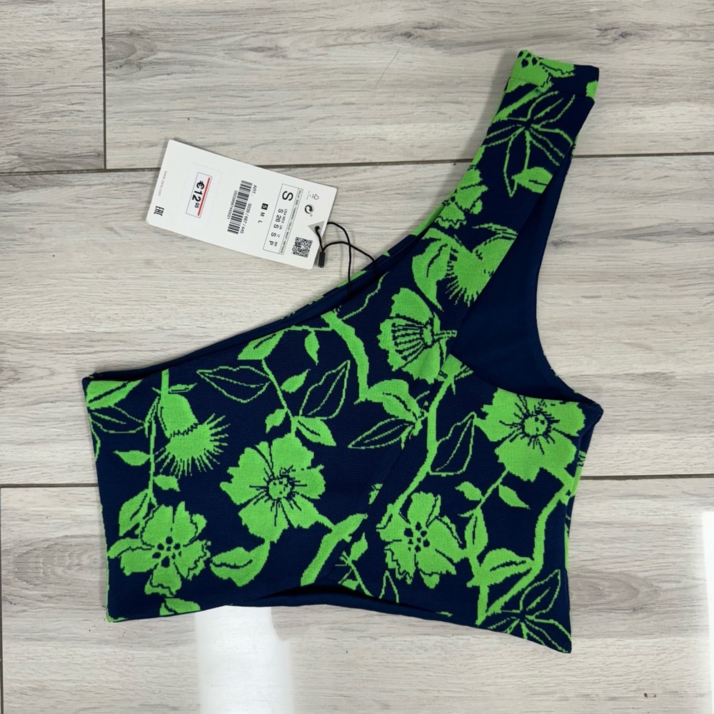 Women's Zara Blue and Green Floral Asymmetrical Neckline Crop Top, size S